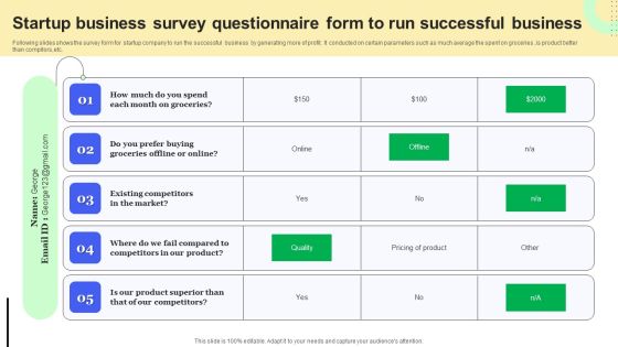 Startup Business Survey Questionnaire Form To Run Successful Business Survey SS