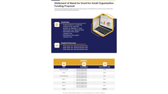 Statement Of Need For Grant For Small Organization Funding Proposal One Pager Sample Example Document Statement Of Need For Grant For Small Organization Funding Proposal One Pager Sample Example Document