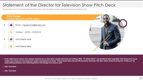 Statement Of The Director For Television Show Pitch Deck Ppt Gallery Sample PDF Statement Of The Director For Television Show Pitch Deck Ppt Gallery Sample PDF