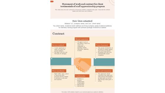 Statement Of Work And Contract For Client Testimonials Of Staff Apprenticeship Program One Pager Sample Example Document Statement Of Work And Contract For Client Testimonials Of Staff Apprenticeship Program One Pager Sample Example Document