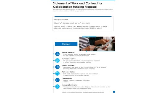Statement Of Work And Contract For Collaboration Funding Proposal One Pager Sample Example Document Statement Of Work And Contract For Collaboration Funding Proposal One Pager Sample Example Document