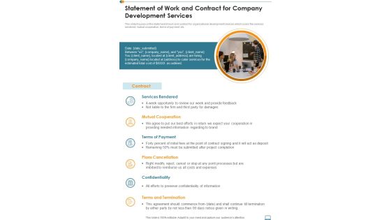Statement Of Work And Contract For Company Development Services One Pager Sample Example Document Statement Of Work And Contract For Company Development Services One Pager Sample Example Document