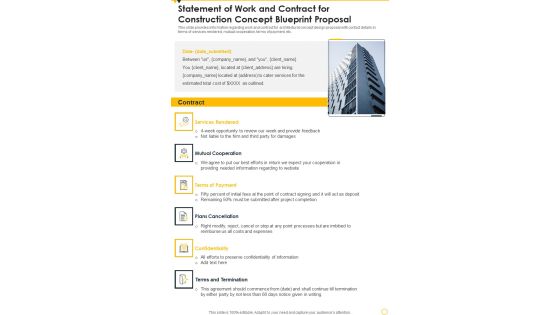 Statement Of Work And Contract For Construction Concept Blueprint Proposal One Pager Sample Example Document Statement Of Work And Contract For Construction Concept Blueprint Proposal One Pager Sample Example Document