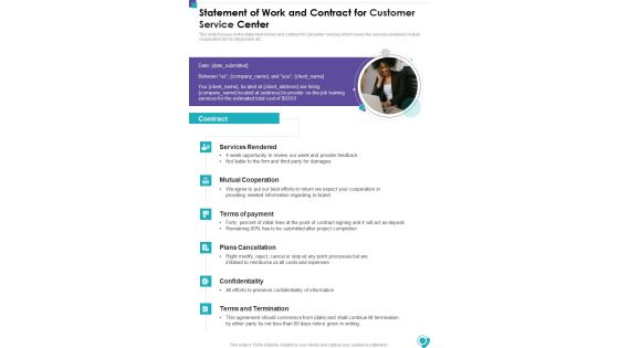 Statement Of Work And Contract For Customer Service Center One Pager Sample Example Document Statement Of Work And Contract For Customer Service Center One Pager Sample Example Document