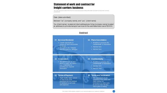 Statement Of Work And Contract For Freight Carriers Business One Pager Sample Example Document