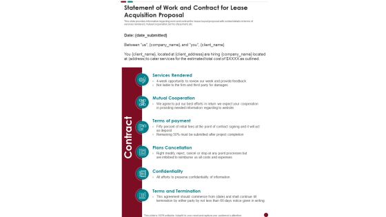 Statement Of Work And Contract For Lease Acquisition Proposal One Pager Sample Example Document Statement Of Work And Contract For Lease Acquisition Proposal One Pager Sample Example Document
