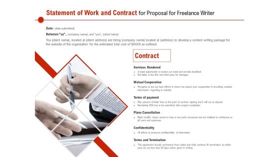 Statement Of Work And Contract For Proposal For Freelance Writer Ppt PowerPoint Presentation Slides Picture PDF Statement Of Work And Contract For Proposal For Freelance Writer Ppt PowerPoint Presentation Slides Picture PDF