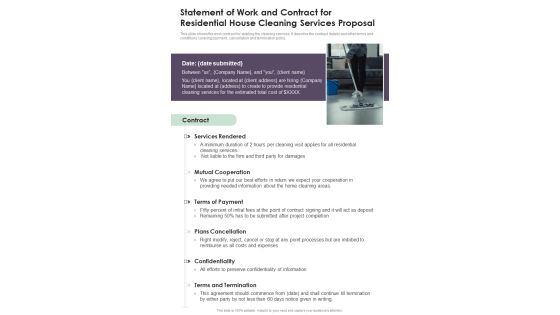 Statement Of Work And Contract For Residential House Cleaning Services One Pager Sample Example Document Statement Of Work And Contract For Residential House Cleaning Services One Pager Sample Example Document