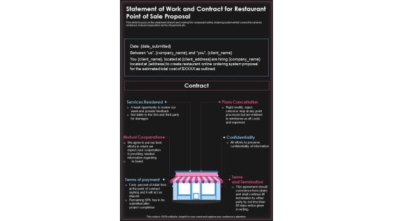 Statement Of Work And Contract For Restaurant Point Of Sale Proposal One Pager Sample Example Document Statement Of Work And Contract For Restaurant Point Of Sale Proposal One Pager Sample Example Document