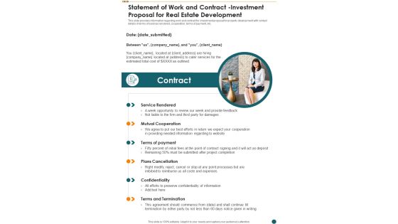 Statement Of Work And Contract Investment Proposal For Real Estate Development One Pager Sample Example Document Statement Of Work And Contract Investment Proposal For Real Estate Development One Pager Sample Example Document