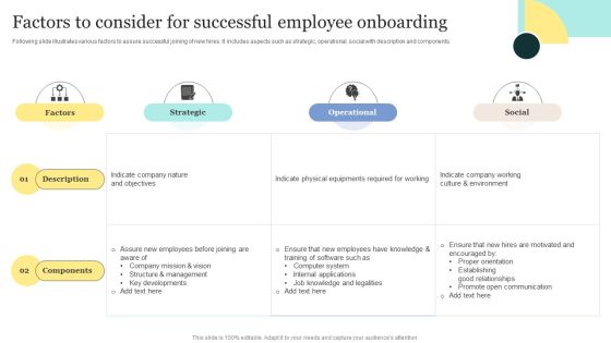 Strategic Approaches To Efficient Candidate Selection Factors To Consider For Successful Employee Onboarding Icons PDF Strategic Approaches To Efficient Candidate Selection Factors To Consider For Successful Employee Onboarding Icons PDF