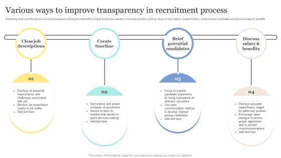 Strategic Approaches To Efficient Candidate Selection Various Ways To Improve Transparency In Recruitment Process Infographics PDF Strategic Approaches To Efficient Candidate Selection Various Ways To Improve Transparency In Recruitment Process Infographics PDF
