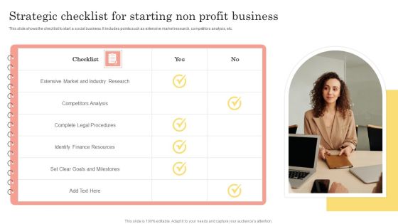 Strategic Checklist For Starting Non Profit Business Icons PDF