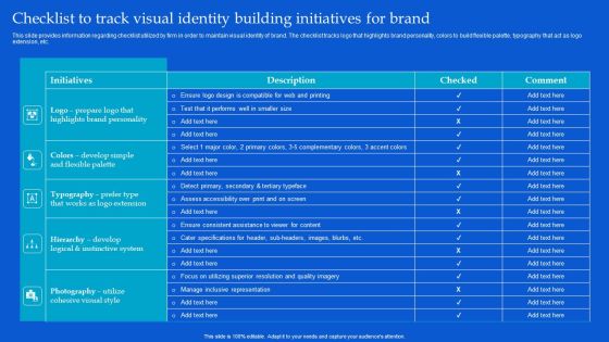 Strategic Guide To Build Brand Personality Checklist To Track Visual Identity Building Initiatives For Brand Formats PDF