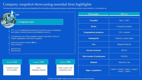 Strategic Guide To Build Brand Personality Company Snapshot Showcasing Essential Firm Highlights Elements PDF Strategic Guide To Build Brand Personality Company Snapshot Showcasing Essential Firm Highlights Elements PDF