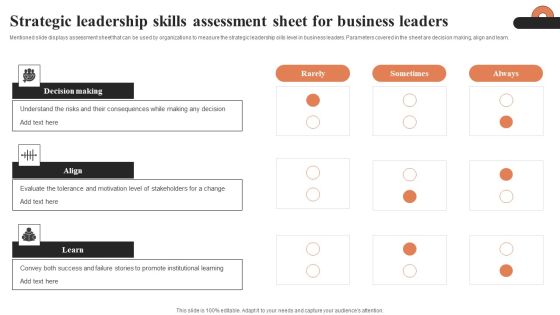 Strategic Leadership Skills Assessment Sheet For Business Leaders Ppt Icon Show PDF Strategic Leadership Skills Assessment Sheet For Business Leaders Ppt Icon Show PDF