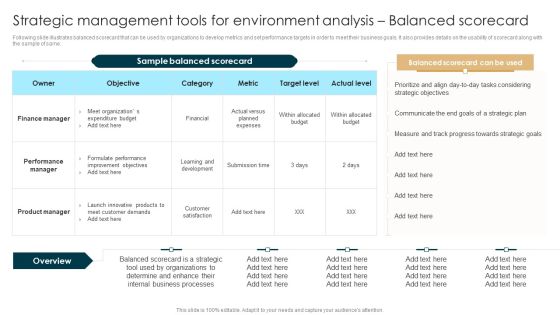 Strategic Management Tools For Environment Analysis Balanced Scorecard Demonstration PDF