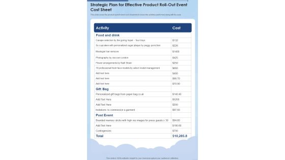 Strategic Plan For Effective Product Roll Out Event Cost Sheet One Pager Sample Example Document Strategic Plan For Effective Product Roll Out Event Cost Sheet One Pager Sample Example Document
