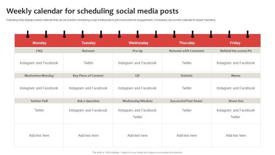 Strategic Plan To Establish And Promote Brand Awareness Weekly Calendar For Scheduling Social Media Infographics PDF Strategic Plan To Establish And Promote Brand Awareness Weekly Calendar For Scheduling Social Media Infographics PDF