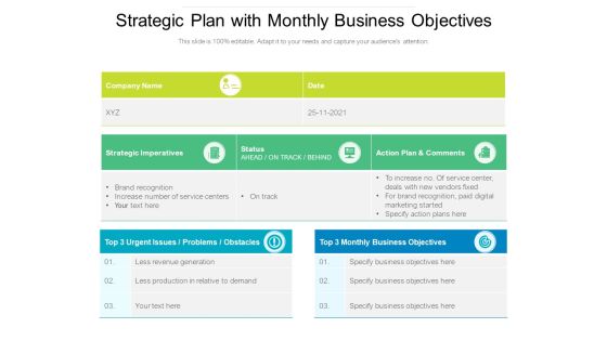 Strategic Plan With Monthly Business Objectives Ppt PowerPoint Presentation Gallery Infographics PDF