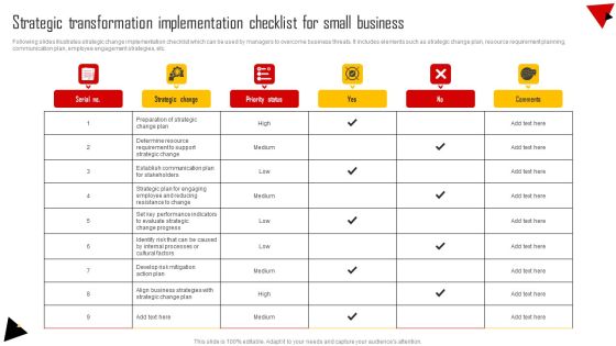 Strategic Transformation Implementation Checklist For Small Business Designs PDF