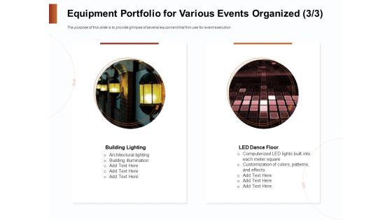 Strategies For Organizing Events Equipment Portfolio For Various Events Organized Building Icons PDF