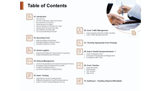 Strategies For Organizing Events Table Of Contents Ppt Ideas Demonstration PDF Strategies For Organizing Events Table Of Contents Ppt Ideas Demonstration PDF