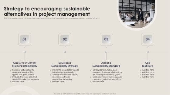 Strategy To Encouraging Sustainable Alternatives In Project Management Icons PDF Strategy To Encouraging Sustainable Alternatives In Project Management Icons PDF