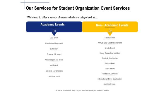 Student Club Event Planning Our Services For Student Organization Event Services Ppt File Graphics Example PDF Student Club Event Planning Our Services For Student Organization Event Services Ppt File Graphics Example PDF