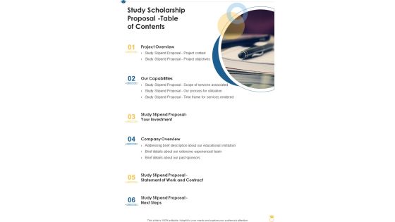Study Scholarship Proposal Table Of Contents One Pager Sample Example Document Study Scholarship Proposal Table Of Contents One Pager Sample Example Document