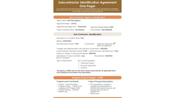 Subcontractor Identification Agreement One Pager PDF Document PPT Template Subcontractor Identification Agreement One Pager PDF Document PPT Template