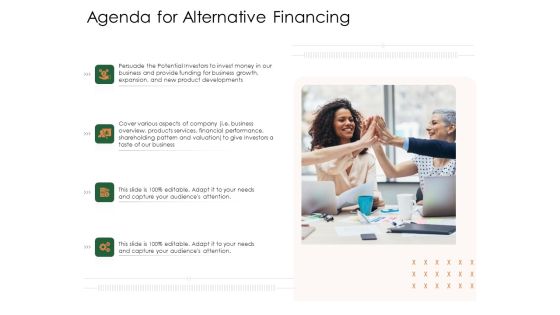 Substitute Financing Pitch Deck Agenda For Alternative Financing Elements PDF Substitute Financing Pitch Deck Agenda For Alternative Financing Elements PDF
