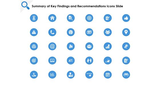 Summary Of Key Findings And Recommendations Icons Slide Target Ppt PowerPoint Presentation Slides Graphics Template