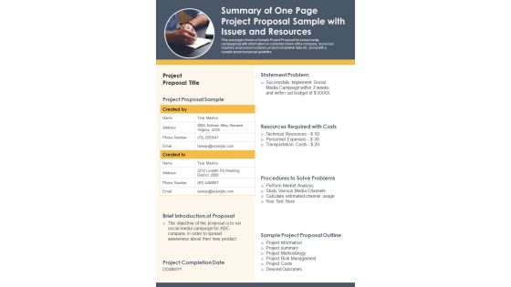Summary Of One Page Project Proposal Sample With Issues And Resources PDF Document PPT Template Summary Of One Page Project Proposal Sample With Issues And Resources PDF Document PPT Template