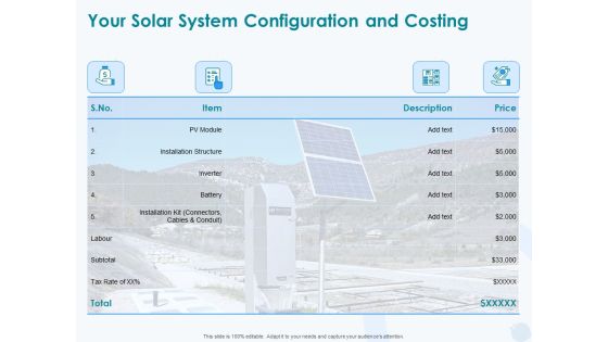 Sun Energy Dealing Your Solar System Configuration And Costing Ppt Icon Show PDF
