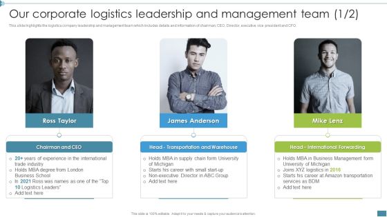 Supply Chain And Logistics Company Profile Our Corporate Logistics Leadership And Management Team Chairman Professional PDF Supply Chain And Logistics Company Profile Our Corporate Logistics Leadership And Management Team Chairman Professional PDF