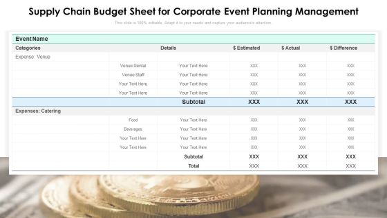 Supply Chain Budget Sheet For Corporate Event Planning Management Ppt PowerPoint Presentation File Layouts PDF Supply Chain Budget Sheet For Corporate Event Planning Management Ppt PowerPoint Presentation File Layouts PDF