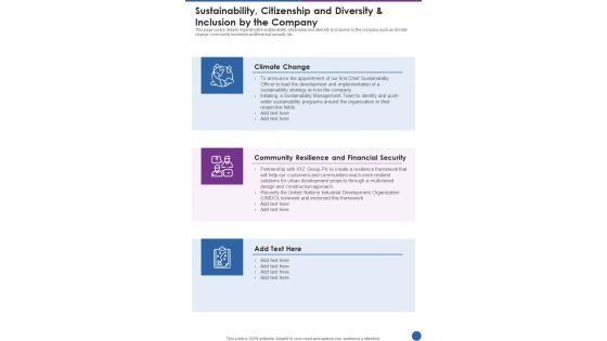 Sustainability Citizenship And Diversity And Inclusion By The Company One Pager Documents Sustainability Citizenship And Diversity And Inclusion By The Company One Pager Documents