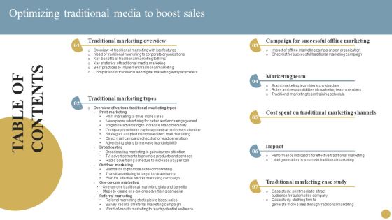 TABLES OF CONTENT Optimizing Traditional Media To Boost Sales Themes PDF TABLES OF CONTENT Optimizing Traditional Media To Boost Sales Themes PDF