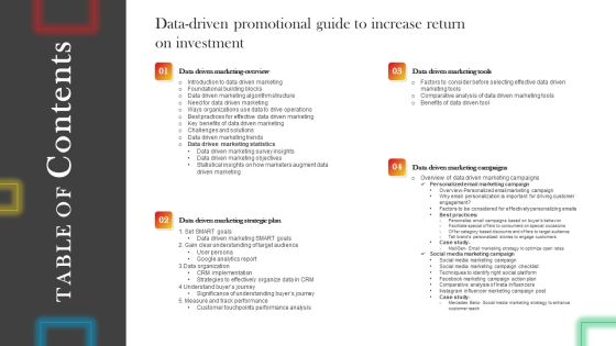 TABLE OF Contents Datadriven Promotional Guide To Increase Return On Investment Graphics PDF TABLE OF Contents Datadriven Promotional Guide To Increase Return On Investment Graphics PDF