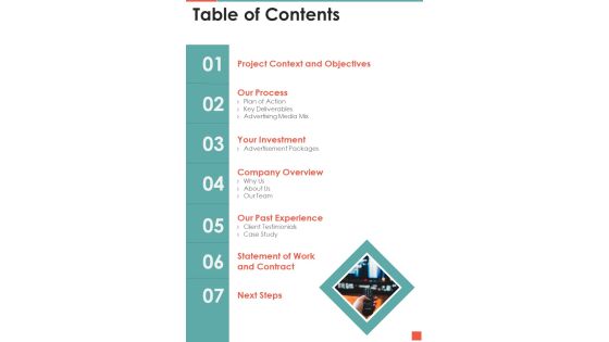 TV Promotion Proposal Table Of Contents One Pager Sample Example Document TV Promotion Proposal Table Of Contents One Pager Sample Example Document