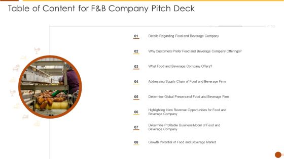 Table Of Content For F And B Company Pitch Deck Template PDF Table Of Content For F And B Company Pitch Deck Template PDF