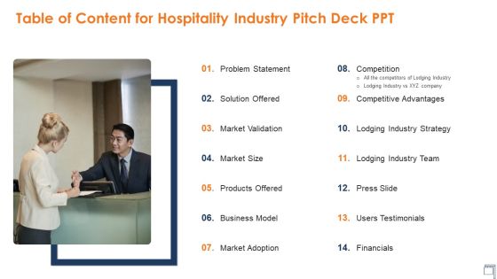 Table Of Content For Hospitality Industry Pitch Deck Ppt Ppt Infographics Show PDF