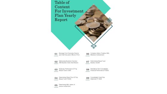 Table Of Content For Investment Plan Yearly Report One Pager Documents Table Of Content For Investment Plan Yearly Report One Pager Documents