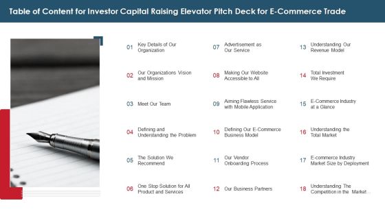Table Of Content For Investor Capital Raising Elevator Pitch Deck For E Commerce Trade Formats PDF Table Of Content For Investor Capital Raising Elevator Pitch Deck For E Commerce Trade Formats PDF