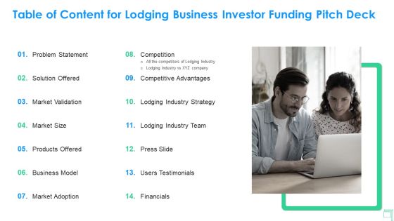 Table Of Content For Lodging Business Investor Funding Pitch Deck Guidelines PDF Table Of Content For Lodging Business Investor Funding Pitch Deck Guidelines PDF