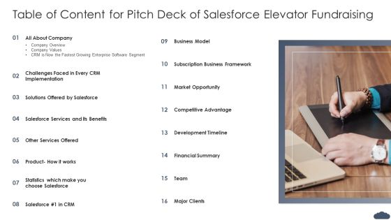 Table Of Content For Pitch Deck Of Salesforce Elevator Fundraising Pitch Deck Of Salesforce Elevator Fundraising Mockup PDF Table Of Content For Pitch Deck Of Salesforce Elevator Fundraising Pitch Deck Of Salesforce Elevator Fundraising Mockup PDF