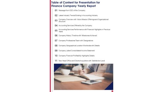 Table Of Content For Presentation For Finance Company Yearly Report One Pager Documents