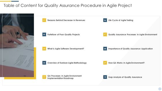 Table Of Content For Quality Assurance Procedure In Agile Project Information PDF Table Of Content For Quality Assurance Procedure In Agile Project Information PDF