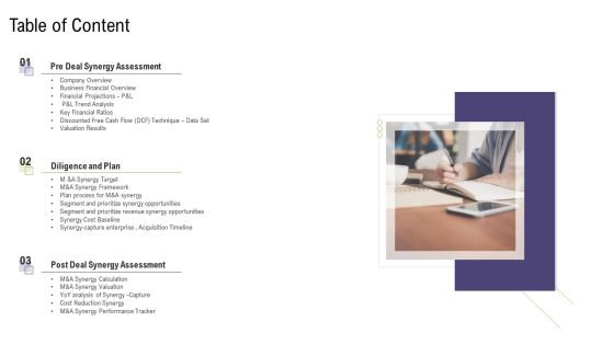 Table Of Content Mergers And Acquisitions Synergy Ppt Infographic Template Grid PDF